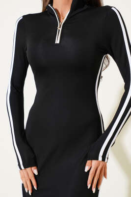 Yarım Fermuarlı Şeritli Yırtmaçlı Elbise Siyah - Kadın Giyim Modelleri