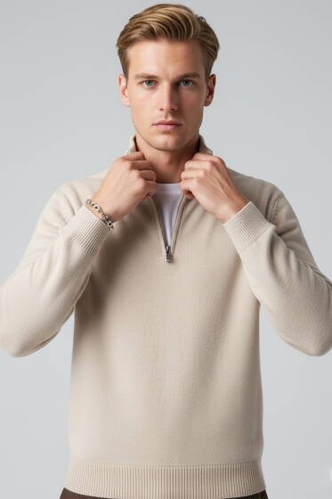 Yarım Fermuarlı Triko Erkek Kazak Bej - Erkek Kazak