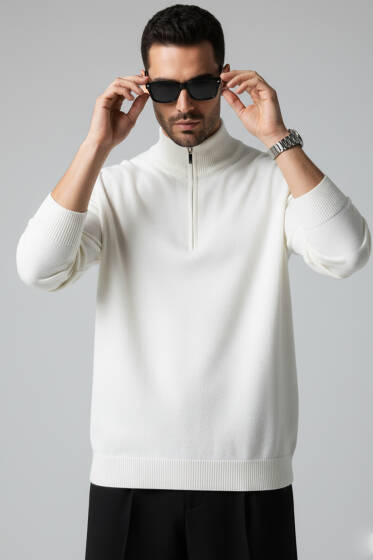 Yarım Fermuarlı Triko Erkek Kazak Ekru - Erkek Kazak