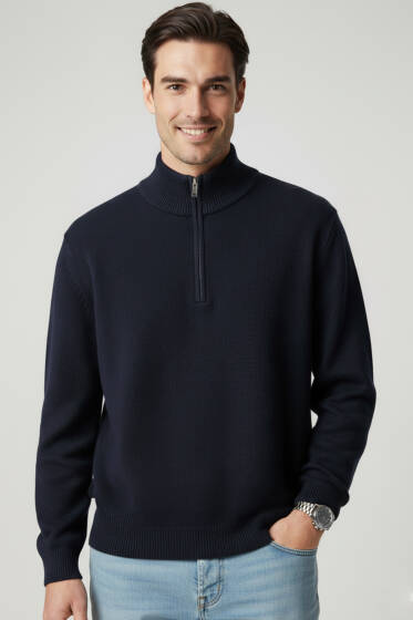 Yarım Fermuarlı Triko Erkek Kazak Lacivert - Erkek Kazak