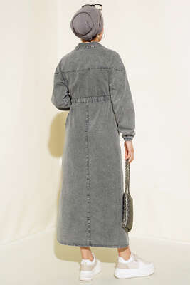 Yarım Fermuarlı Tünelli İp Bağlamalı Kot Elbise Gri - Tesettür Elbise