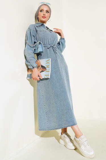 Yarım Fermuarlı Tünelli İp Bağlamalı Kot Elbise Kot Mavisi - Elbise