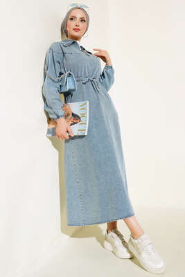 Yarım Fermuarlı Tünelli İp Bağlamalı Kot Elbise Kot Mavisi - Tesettür Elbise