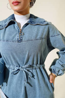 Yarım Fermuarlı Tünelli İp Bağlamalı Kot Elbise Kot Mavisi - Tesettür Elbise