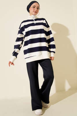 Yarım Fermuarlı Üç İplik Çizgili Sweatshirt Lacivert - Günün Seçilenleri