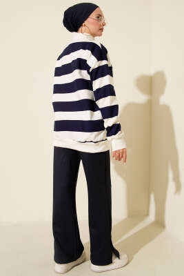 Yarım Fermuarlı Üç İplik Çizgili Sweatshirt Lacivert - Günün Seçilenleri