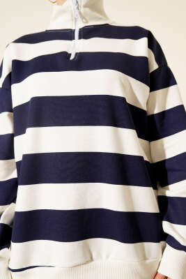 Yarım Fermuarlı Üç İplik Çizgili Sweatshirt Lacivert - Günün Seçilenleri
