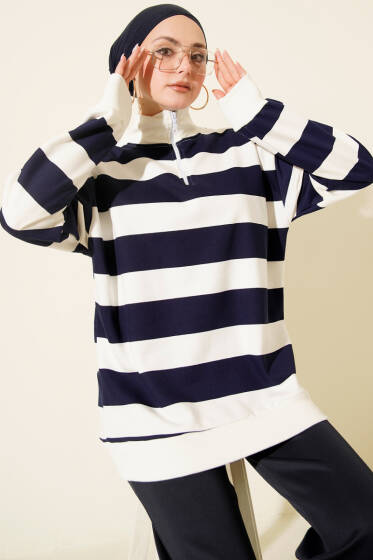 Yarım Fermuarlı Üç İplik Çizgili Sweatshirt Lacivert - Tunik
