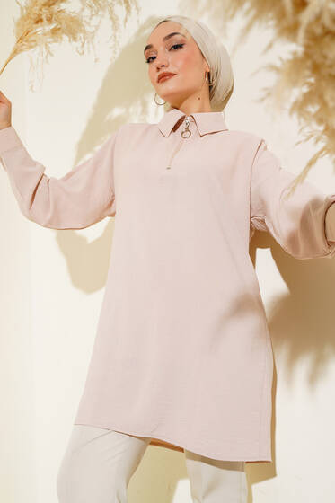 Yarım Fermuarlı Yakalı Tunik Bej - Tunik
