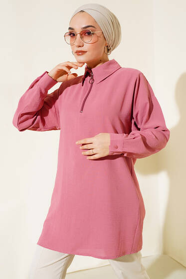 Yarım Fermuarlı Yakalı Tunik Fuşya - Tunik