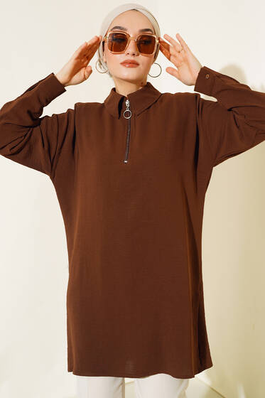 Yarım Fermuarlı Yakalı Tunik Kahve - Tunik