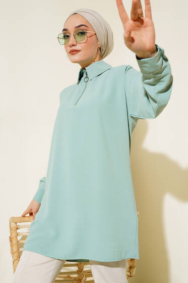 Yarım Fermuarlı Yakalı Tunik Mint - Tunik