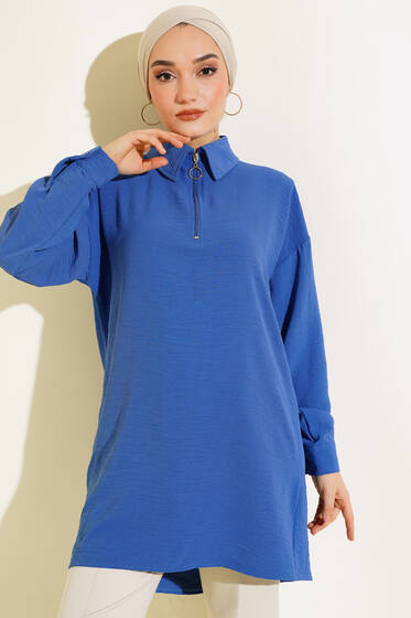 Yarım Fermuarlı Yakalı Tunik Saks - Tunik
