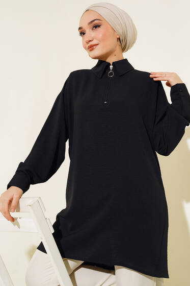 Yarım Fermuarlı Yakalı Tunik Siyah - Tunik