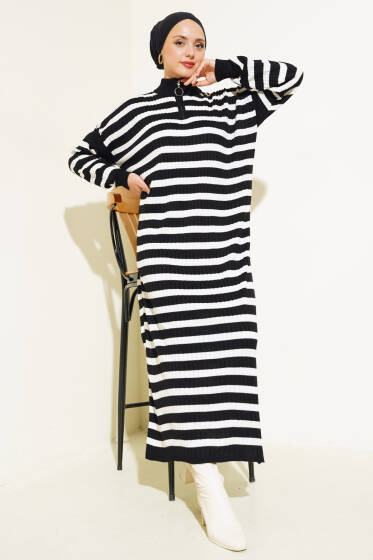 Yarım Fermuarlı Yatay Çizgili Triko Elbise Siyah - Elbise