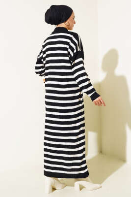 Yarım Fermuarlı Yatay Çizgili Triko Elbise Siyah - Tesettür Elbise