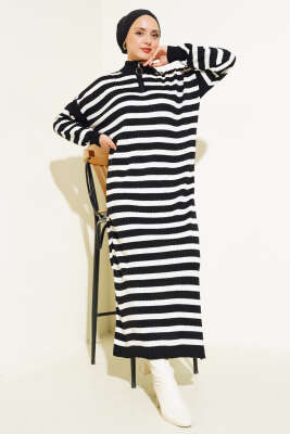 Yarım Fermuarlı Yatay Çizgili Triko Elbise Siyah - Tesettür Elbise