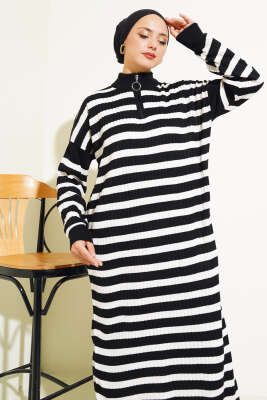 Yarım Fermuarlı Yatay Çizgili Triko Elbise Siyah - Tesettür Elbise