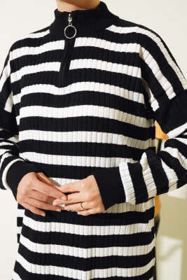 Yarım Fermuarlı Yatay Çizgili Triko Elbise Siyah - Tesettür Elbise