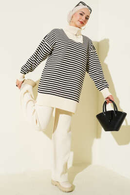 Yarım Fermuarlı Yatay Çizgili Triko İkili Takım Bej - SUDE NAZ