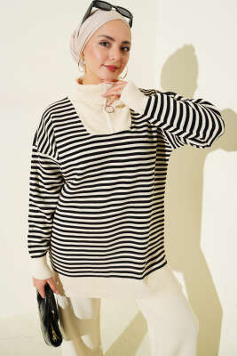 Yarım Fermuarlı Yatay Çizgili Triko İkili Takım Bej - İkili Takım