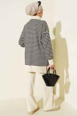 Yarım Fermuarlı Yatay Çizgili Triko İkili Takım Bej - İkili Takım