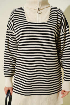 Yarım Fermuarlı Yatay Çizgili Triko İkili Takım Bej - İkili Takım