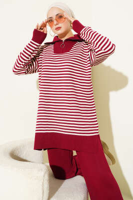 Yarım Fermuarlı Yatay Çizgili Triko İkili Takım Bordo - İkili Takım