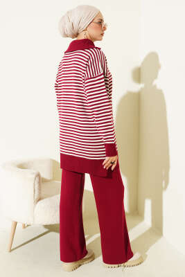 Yarım Fermuarlı Yatay Çizgili Triko İkili Takım Bordo - İkili Takım