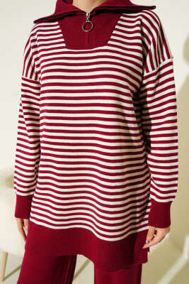 Yarım Fermuarlı Yatay Çizgili Triko İkili Takım Bordo - İkili Takım