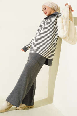 Yarım Fermuarlı Yatay Çizgili Triko İkili Takım Füme - SUDE NAZ