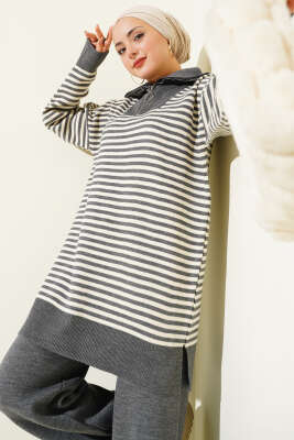 Yarım Fermuarlı Yatay Çizgili Triko İkili Takım Füme - İkili Takım