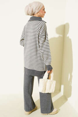 Yarım Fermuarlı Yatay Çizgili Triko İkili Takım Füme - İkili Takım