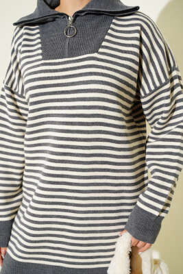 Yarım Fermuarlı Yatay Çizgili Triko İkili Takım Füme - İkili Takım