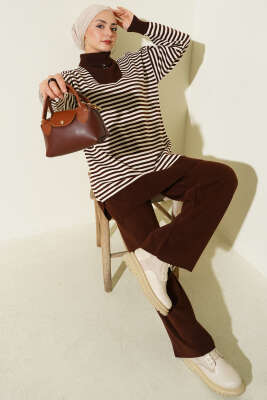 Yarım Fermuarlı Yatay Çizgili Triko İkili Takım Kahve - SUDE NAZ