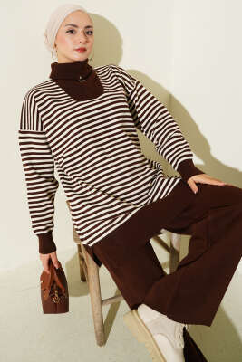 Yarım Fermuarlı Yatay Çizgili Triko İkili Takım Kahve - İkili Takım