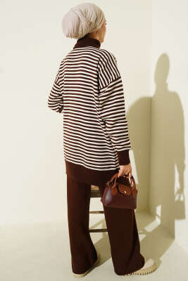 Yarım Fermuarlı Yatay Çizgili Triko İkili Takım Kahve - İkili Takım