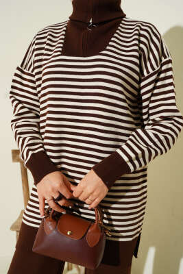 Yarım Fermuarlı Yatay Çizgili Triko İkili Takım Kahve - İkili Takım