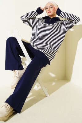 Yarım Fermuarlı Yatay Çizgili Triko İkili Takım Lacivert - SUDE NAZ