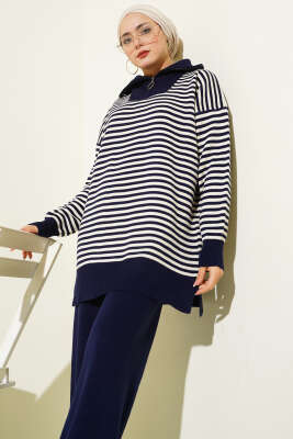 Yarım Fermuarlı Yatay Çizgili Triko İkili Takım Lacivert - İkili Takım