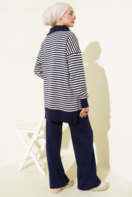 Yarım Fermuarlı Yatay Çizgili Triko İkili Takım Lacivert - İkili Takım