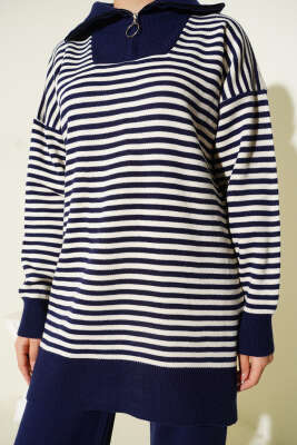 Yarım Fermuarlı Yatay Çizgili Triko İkili Takım Lacivert - İkili Takım