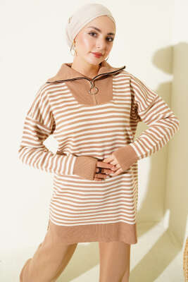 Yarım Fermuarlı Yatay Çizgili Triko İkili Takım Latte - İkili Takım