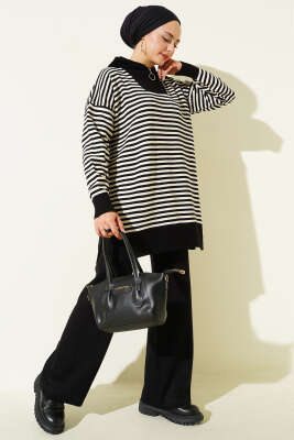 Yarım Fermuarlı Yatay Çizgili Triko İkili Takım Siyah - SUDE NAZ