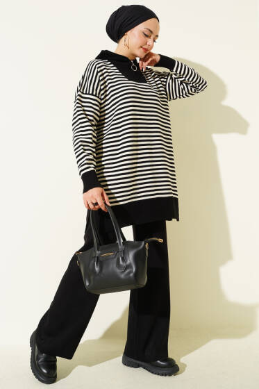 Yarım Fermuarlı Yatay Çizgili Triko İkili Takım Siyah - İkili Takım
