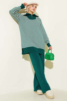 Yarım Fermuarlı Yatay Çizgili Triko İkili Takım Zümrüt - SUDE NAZ