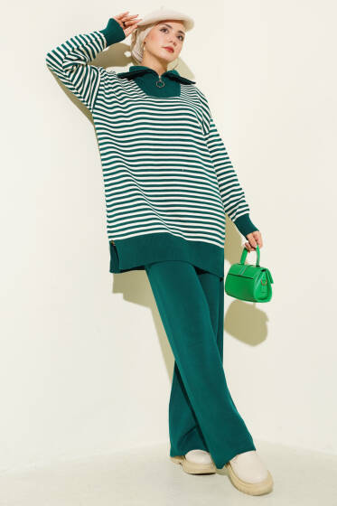 Yarım Fermuarlı Yatay Çizgili Triko İkili Takım Zümrüt - İkili Takım