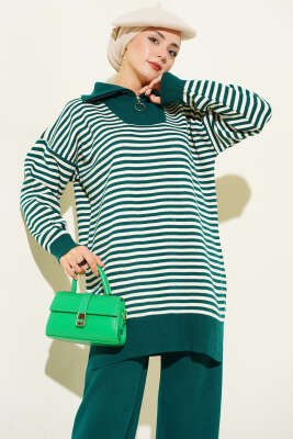 Yarım Fermuarlı Yatay Çizgili Triko İkili Takım Zümrüt - İkili Takım