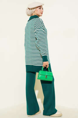 Yarım Fermuarlı Yatay Çizgili Triko İkili Takım Zümrüt - İkili Takım