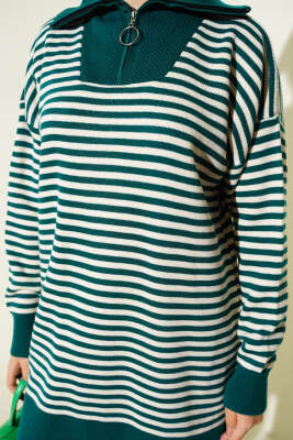 Yarım Fermuarlı Yatay Çizgili Triko İkili Takım Zümrüt - İkili Takım